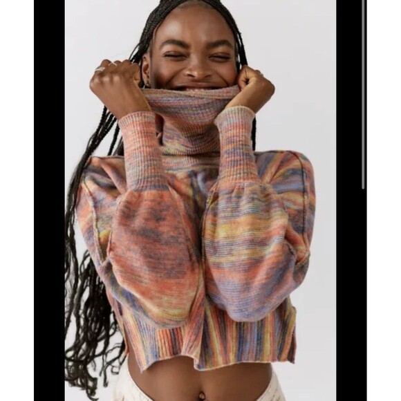 urban outfitters finley cropped turtleneck sweater striped Colorful Large - Picture 2 of 11